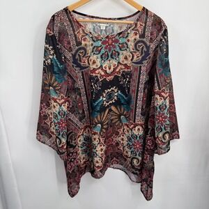 VTG Tanzara Boho Medallion Paisley Sheer Flare Sleeve Sharkbite Tunic Top 22/24